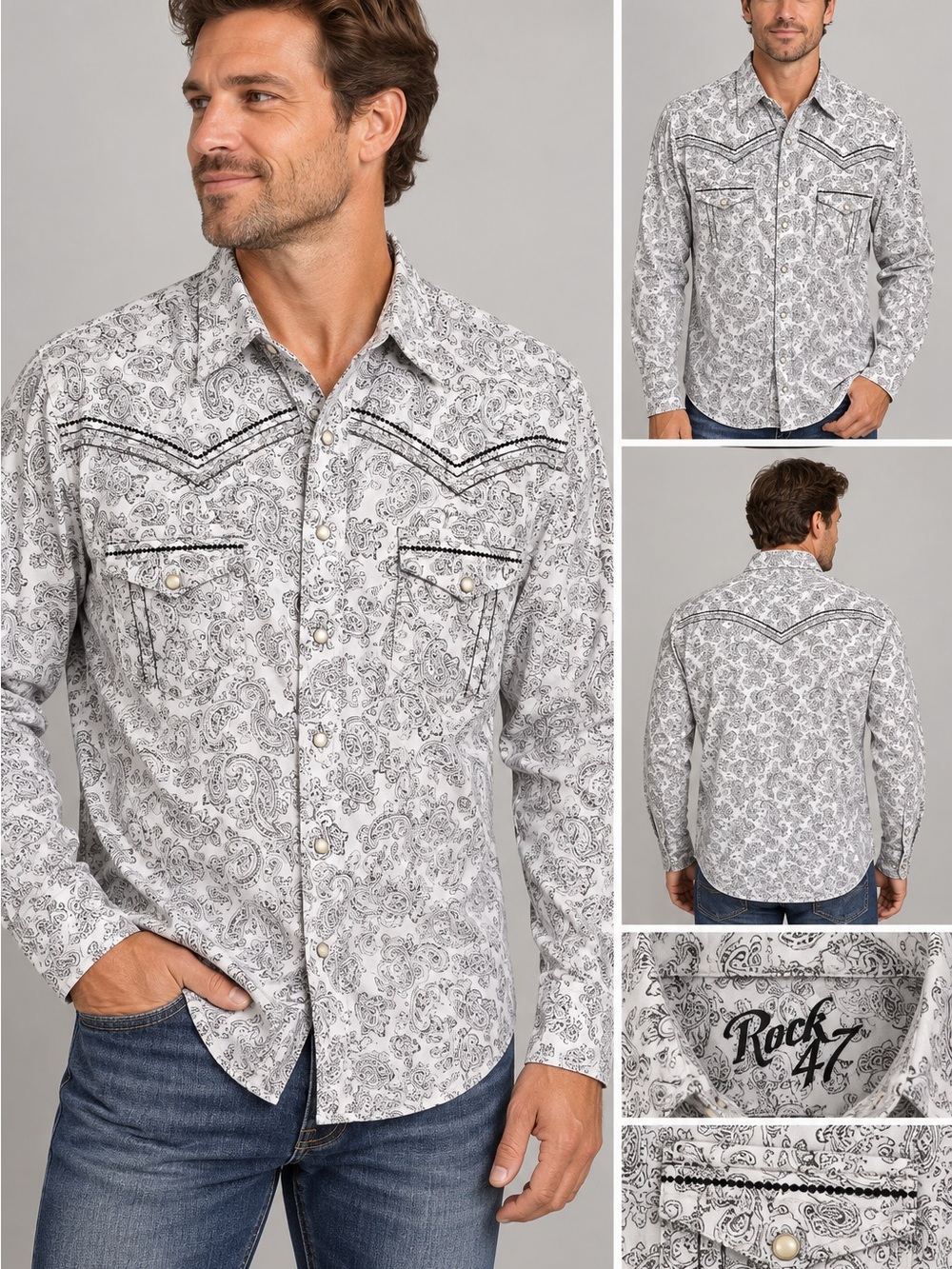 Rock 47 by Wrangler Men’s Western Snap Shirt White & Brown Paisley size L